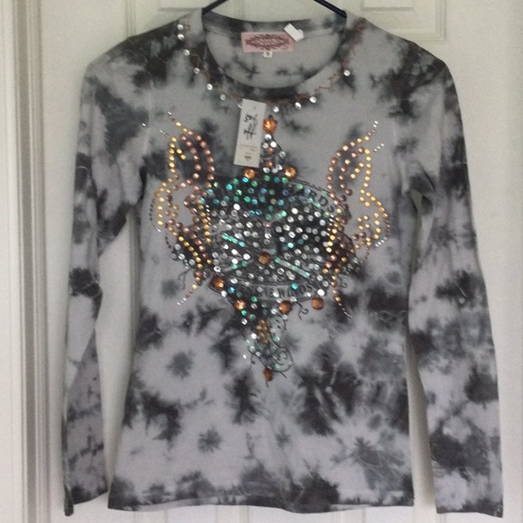 Tops - Grey Tie dye embellished long sleeve top